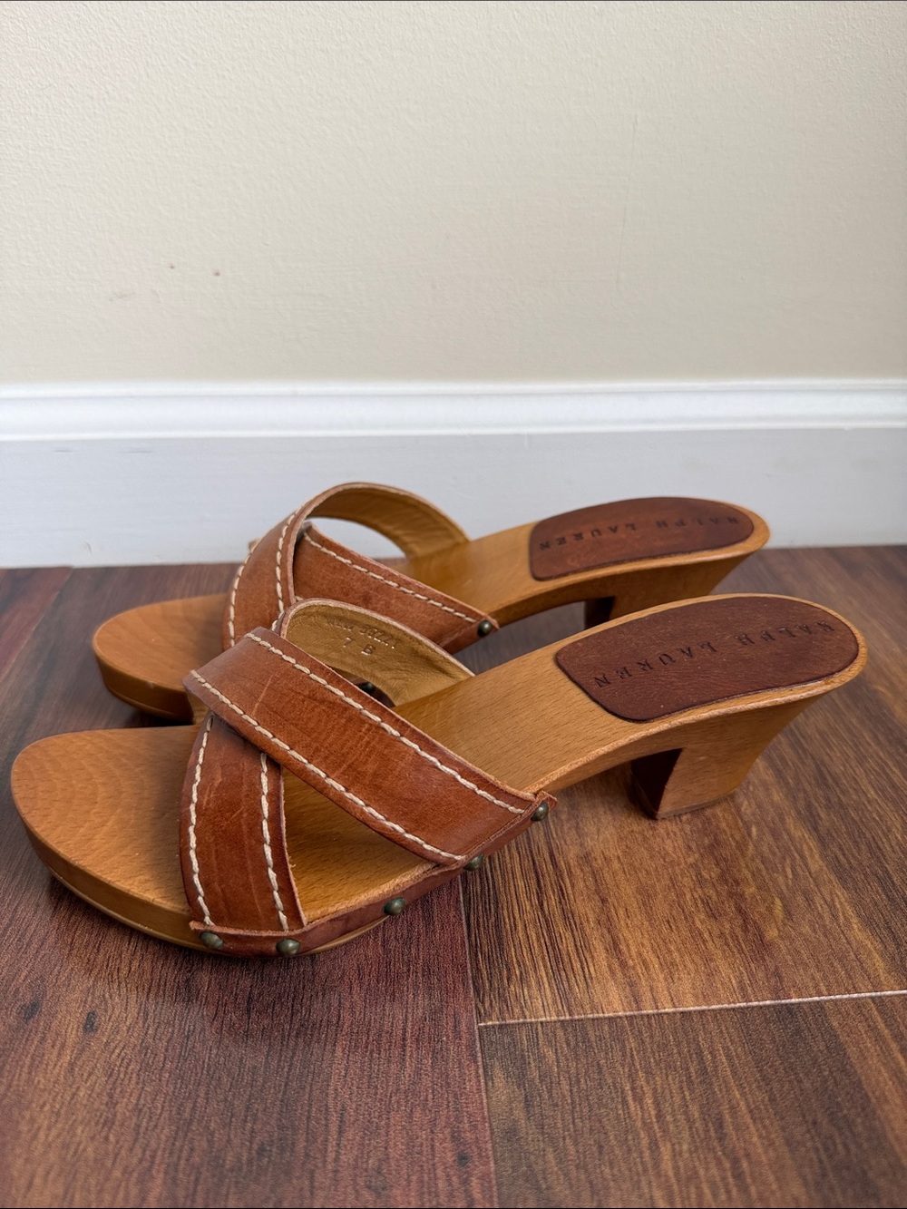 Ralph Lauren Made in Italy Wooden and Leather Heeled Sandals Womens 7